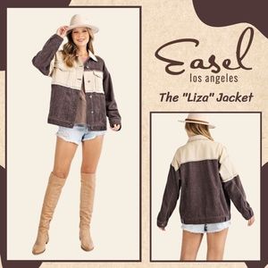 EASEL Mix Fabrication Color Block Button Up Jacket Raw & Frayed Details Pockets